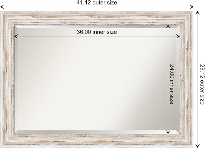 Amanti Art White Bathroom Mirror for Over Sink, 29x41 Alexandria White Wash Rectangle Vanity Mirror, Large Coastal Wood Frame, Hangs Horizonally and Vertically, Bathroom Wall Decor, Beveled Edge