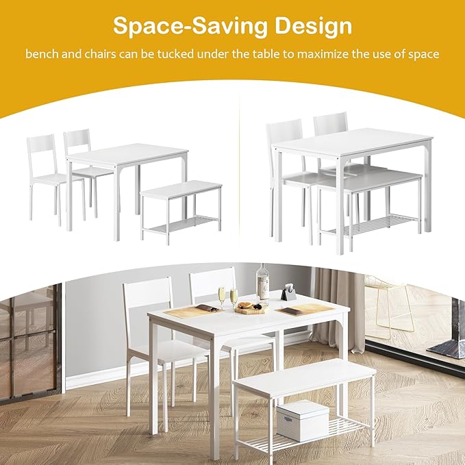 soges 4 Pieces Dining Table Set, 43.3 inch Kitchen Table Set for 4, Dining Set with 2 Chairs and Bench with Storage Rack, Nesting Furniture Set for Dining Room, Kitchen, Restaurant, White