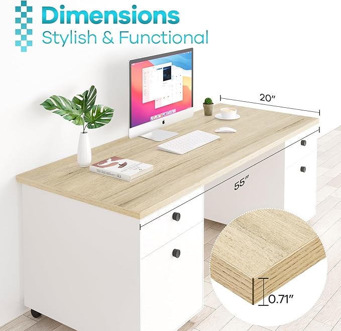 Kaboon Universal Tabletop 55"x20", Solid One-Piece Melamine Table Top, Double Desk L-Desk DIY, Home and Office, Oak/Grey Tone