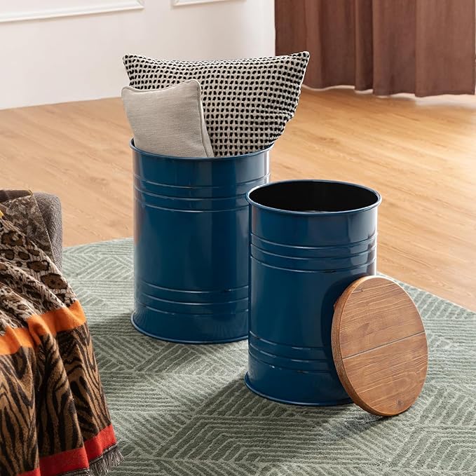Glitzhome Farmhouse Accent Side Table, Metal Storage Stool Ottoman with Round Lid - Galvanized Coffee Cocktail End Tables Set of 2 for Living Room Bedroom, Navy Blue