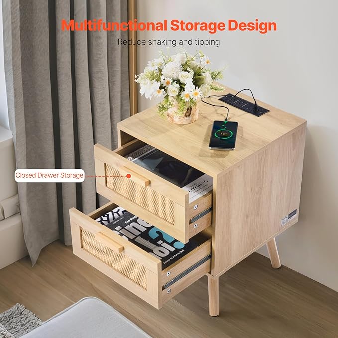 VEVOR Rattan Nightstand, Boho Bedside Table with 2 Drawers, End Table Nightstand with Solid Wood Legs, Rattan Bedside Table with Charging Station, for Bedroom