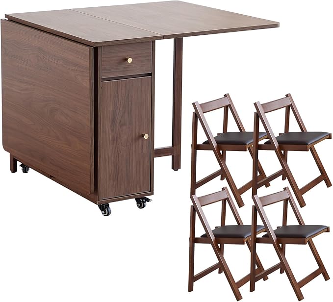 Walnut Drop Leaf Folding Dining Table with 2 Drawers and 4 Wheels, Wooden Padded Chairs Set of 2, Space Saving Dining Table with 4 Chairs