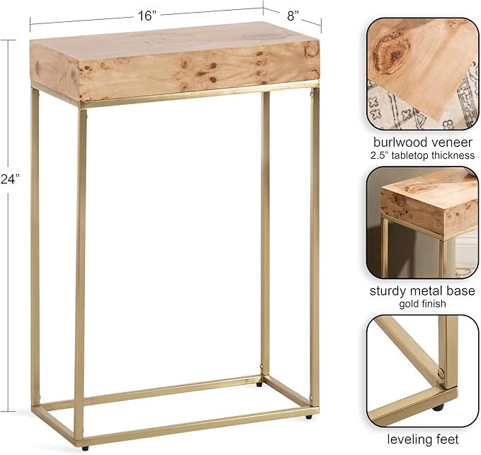Kate and Laurel Karlsen Modern Wood and Metal Burlwood Narrow Side Table; 16 x 24 x 8; Burlwood and Gold; Slim End Table for Use as Skinny Bedroom Nightstand or Entryway Table Option