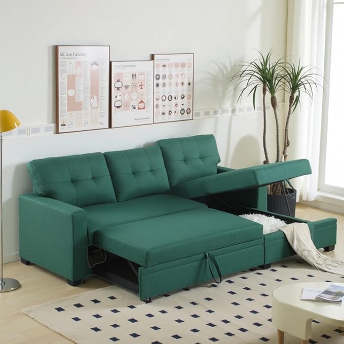 L-Shape Sofa Bed, 82" Sectional Couch with Storage Chaise, Pull Out Sleeper Sofa with Removable Back Cushions, Convertible Corner Couch for Living Room Apartment, Green