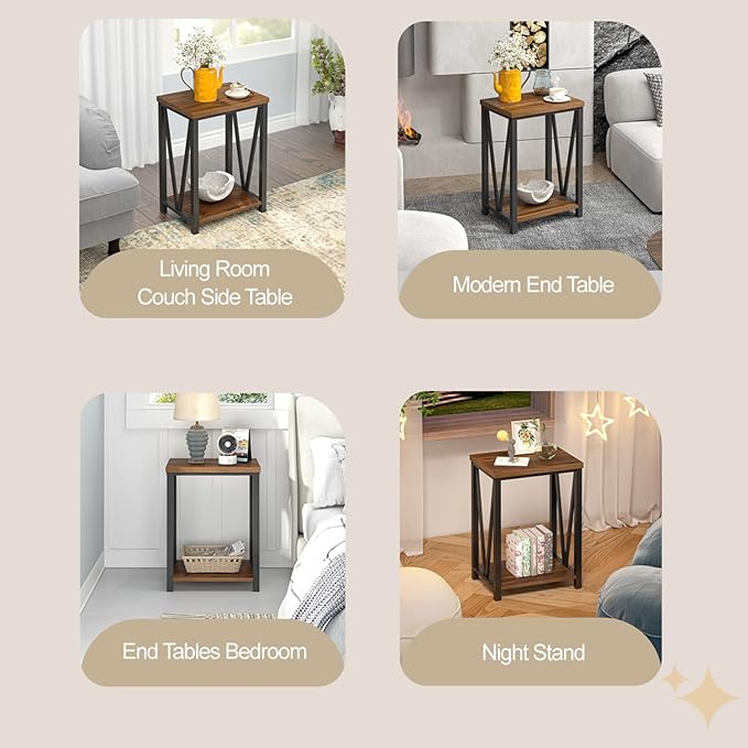 FOLUBAN Small End Table, Rustic Wood and Metal Side Table with Storage, Modern Night Stand for Living Room Bedroom Office, Walnut