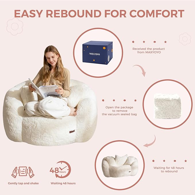 MAXYOYO Bean Bag Chair with 3 Pillows, Oversized Floral Shaped Bean Bag Sofa for Adults, Ultra Soft Faux Fur Floor Sofa, Large Stuffed Reading Chair for Living Room Bedroom, Beige