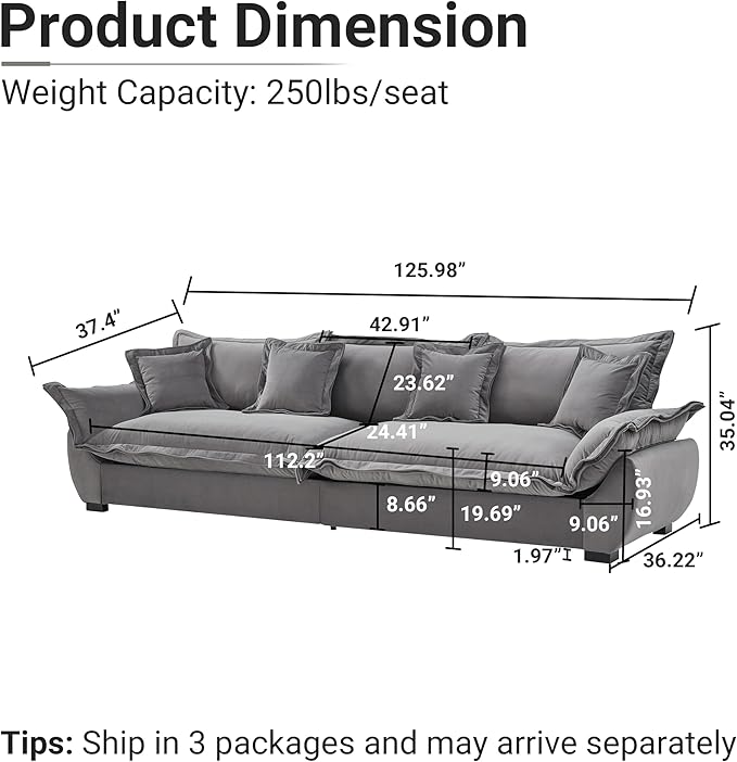 126 Inch Sailing Design Modular Sectional Cloud Sofa with Storage, Modern Deep Seat Couch w/Throw Pillows & Removable Backrest for Living Room Bedroom Apartment,Grey