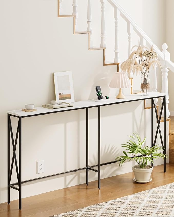 Masupu 70.9" Console Table, Modern Narrow Long Sofa Table Behind Couch, Skinny Entry Table, Industrial Sofa Table with Metal Frame for Hallway, Living Room, White and Black