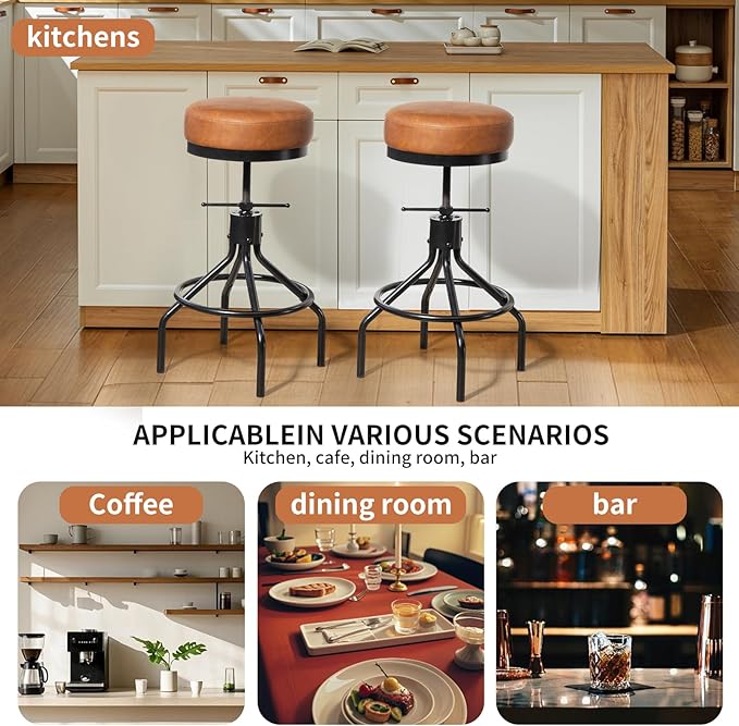 Industrial Bar Stools Set of 2 Adjustable Swivel Round Barstools Modern PU Leather 28inch Backless Counter Height Stool Metal Bar Chair for Kitchen Island (2, Brown)