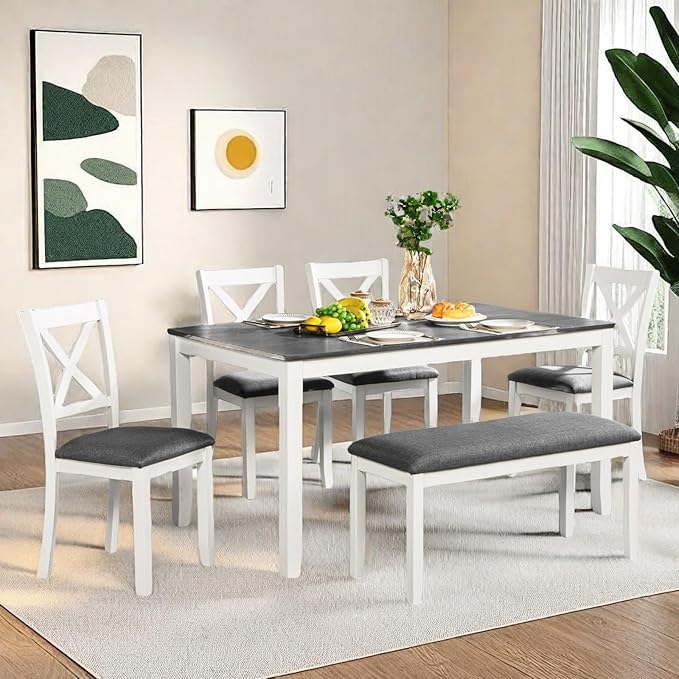 Dining Table Set for 5, 6-Piece Kitchen Table & Chairs Set with Rectangular Table, Bench & 4 Upholstered Chairs, 58.5'' Dinner Set with Wood Legs & X-Shaped Backrest for Kitchen, White&Gray