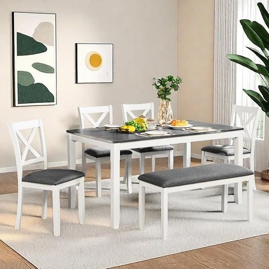 Dining Table Set for 5, 6-Piece Kitchen Table & Chairs Set with Rectangular Table, Bench & 4 Upholstered Chairs, 58.5'' Dinner Set with Wood Legs & X-Shaped Backrest for Kitchen, White&Gray