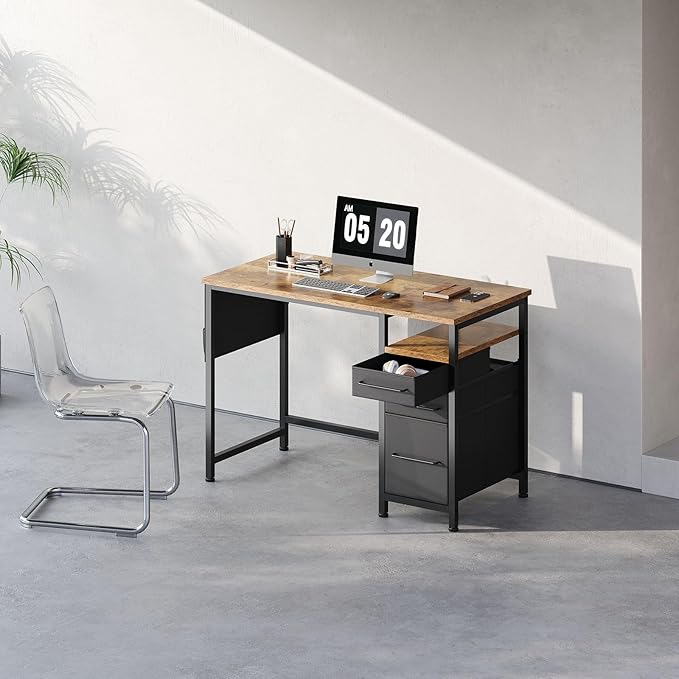 Ｍａｉｈａｉｌ Maihail Small Desk with Drawers, 40 inch Computer Desk with Shelves, Writing Desk with Storage, Small Office Desk with Metal Frame, Rustic Brown