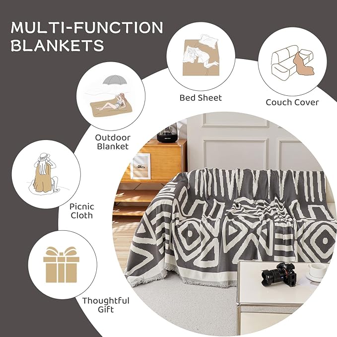 STACYPIK Simple Dark Grey Boho Sofa Cover for Sectional Soft Tassel Chenille Couch Cover for 3 Cushion Couch Reversible Loveseat Cover for Dogs Cats Non-Silp Furniture Cover Multi-Use Blanket-91x134IN