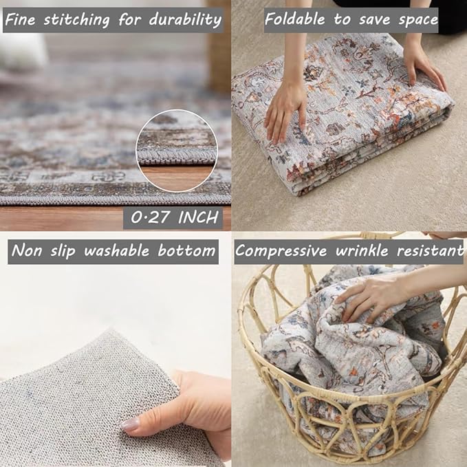 Washable Area Rug 5x7 Retro Boho Chic Medallion Distressed Design Living Room Indoor Non-Slip Large Oriental Accent Throw Rug for Kitchen Bedroom Office Carpet