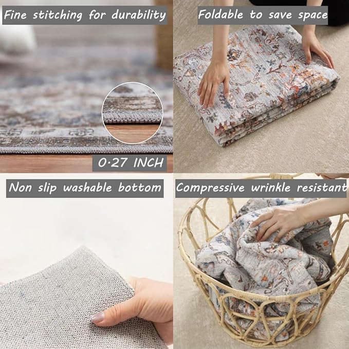 Washable Area Rug 8x10 Retro Flowers Boho Design Non-Shedding Easy Care Ideal for High Traffic Areas in Living Room Bedroom Office Coffee Table Kitchen Large Carpet