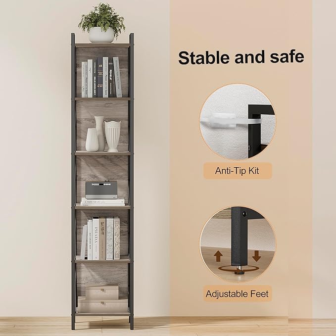 Homhedy 6 Tier Bookshelf Bookcase, Tall Narrow Bookshelf for Small Space, Metal Storage Shelves with Back Panel, for Home Office, Living Room, Kitchen, Bedroom, Industrial Style, Greige