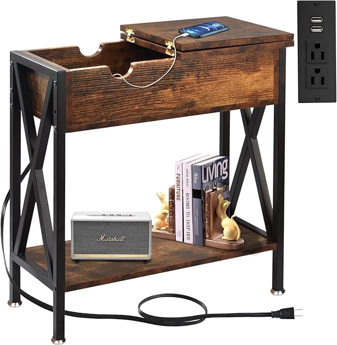TooCust End Tables Living Room with Charging Station, 11.2" D x 24" W x 24" H, Flip Top Side Table with USB Ports and Outlets, Couch End Tables, Narrow End Table with 5.5" Deep Drawer