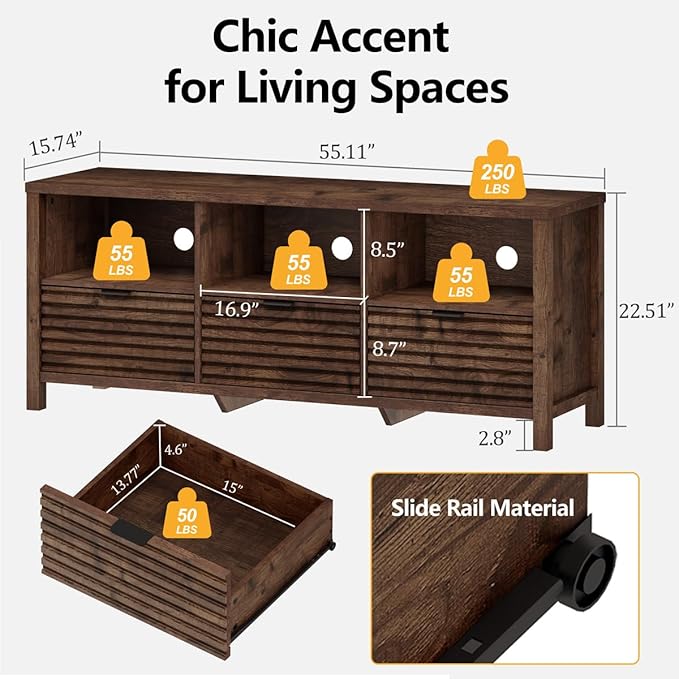 BON AUGURE TV Stand, Mid Century Modern Media Console for 65/55/50 Inch TVs, Wood Fluted Entertainment Center with Storage for Living Room, Bedroom (Rustic Oak)