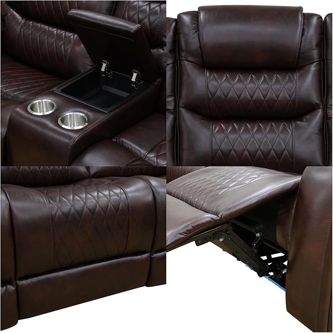 Loveseat Recliner Sofa, Reclining Loveseat Leather Couch with Storage Console, Modern Comfy Home Theater Seating Power Recliner Chair with Cup Holders for Living Room Furniture Sets, Brown