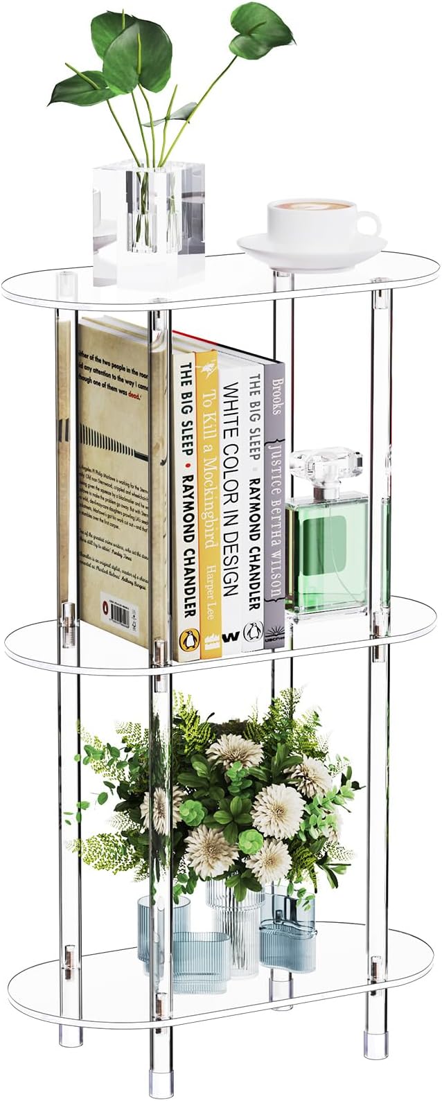Clear Acrylic Narrow Side Table for Small Spaces, 15.75" L x 7.87" W x 26.7" H, 3 Tier Oval Slim End Table Nightstand, Small Minimalist Skinny Bedside Table for Bedroom, Bathroom, Living Room