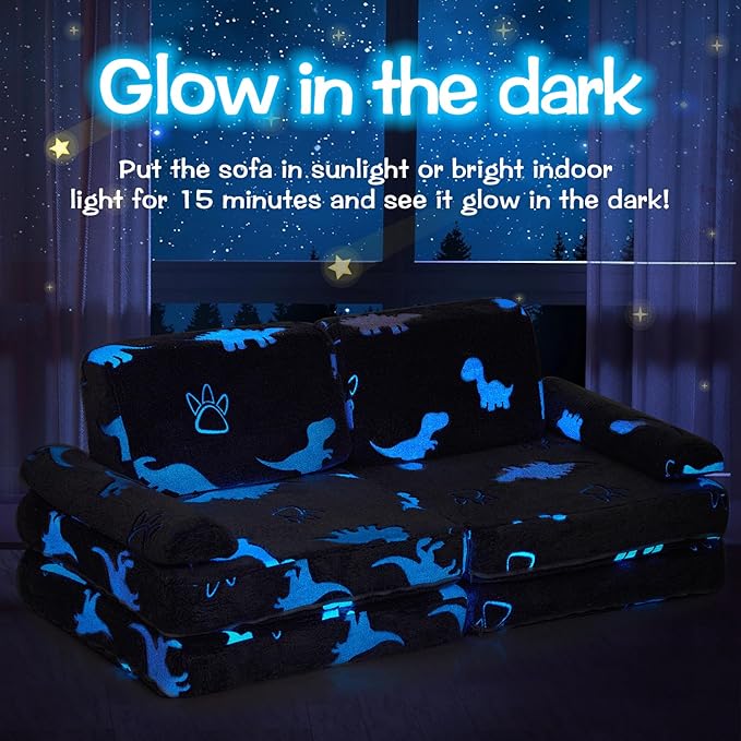 IFNOW Modular Kids Play Couch,Toddler Couch Kids Sofa,Child Sectional Sofa,Bedroom and Playroom Furniture for Toddlers,Convertible Foam and Floor Cushion for Boys and Girls,Glow in The Dark,Dinosaur