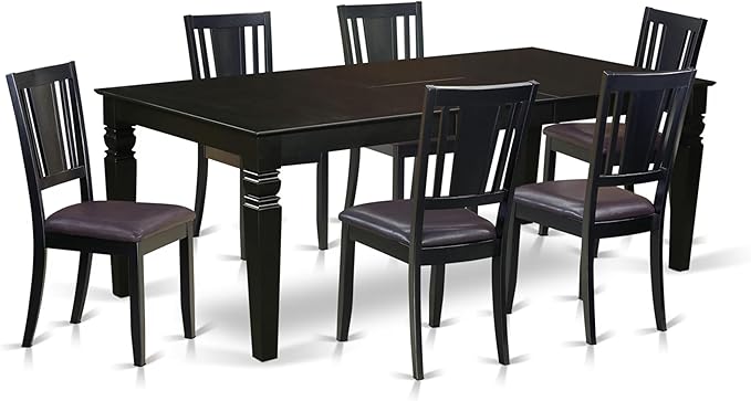 East West Furniture LGDU7-BLK-LC 7 Piece Modern Dining Table Set Consist of a Rectangle Wooden Table with Butterfly Leaf and 6 Faux Leather Dining Room Chairs, 42x84 Inch, Black