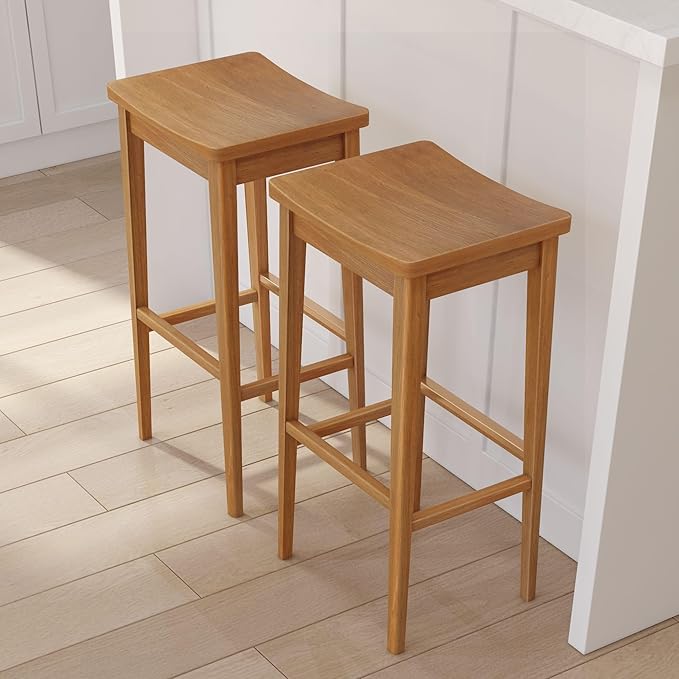 Plank+Beam Smythe Bar Stool, Set of 2, 30", Sturdy Wood Modern Kitchen Bar Height Stool, Saddle Seat Backless Bar Chair, Metal Footrest, Pecan
