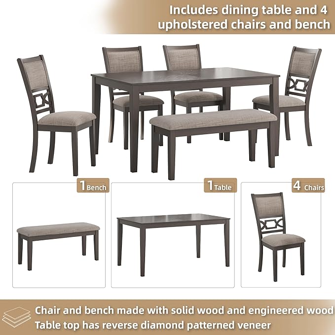 Signature Design by Ashley Wrenning Modern Diamond Patterned Dining Table with 4 Upholstered Chairs and Bench, Set of 6, Gray & Light Gray
