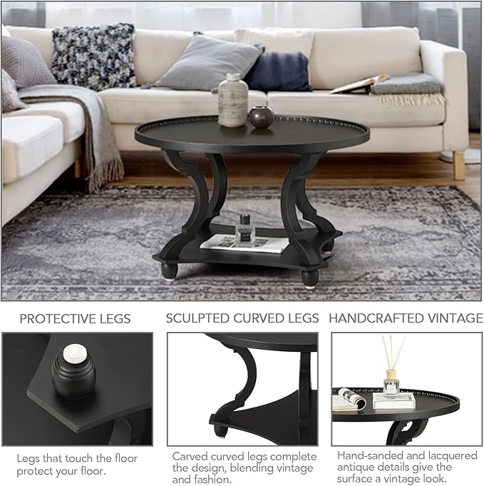 Wnutrees Farmhouse Round Coffee Table, Wood Tray Top Circle Coffee Table with Storage Shelf Rustic Style for Living Room and Vintage Finish, Black