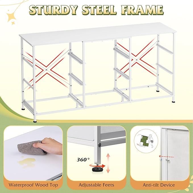 WLIVE 54''W Dresser for Bedroom, White Dresser TV Stand for 55, 60, 65 inch TV, Wide Chest of Drawers with 9 Drawer, Large Entertainment Center, Fabric Dressers with Wood Top for Closet, Living Room