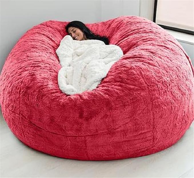 Giant Fur Bean Bag Chair Cover for Kids Adults, (No Filler) Living Room Furniture Big Round Soft Fluffy Faux Fur Beanbag Lazy Sofa Bed Cover (Red, 5FT)