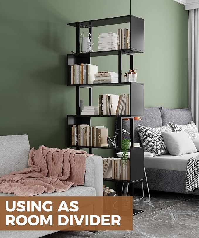 Gadroad 6 Tier Geometric Bookcase, Black Book Shelves, Modern Corner Bookcase Storage Shelf Wood for Bedroom, Living Room, Home Office, Black