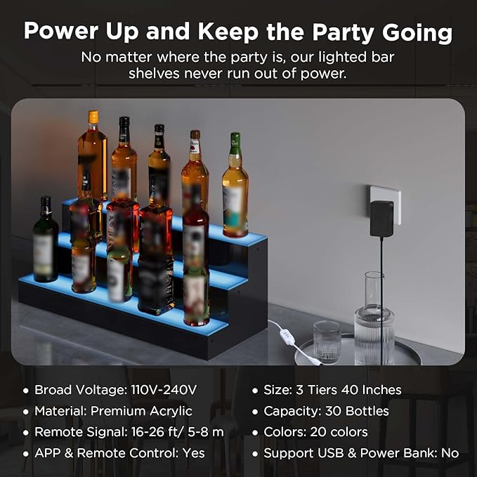 Dethan 3 Tier 48 Inch Liquor Bottle Display Shelf - Wine Racks with Multi-Color App & Remote Control, Adjustable Brightness & Sound Modes, Acrylic Bar Shelves for Commercial Clubs