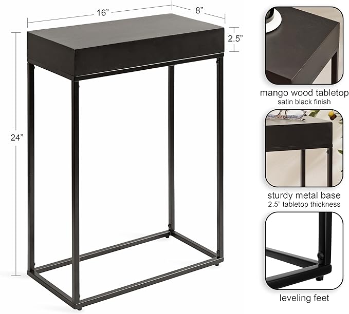 Kate and Laurel Karlsen Modern Wood and Metal Narrow Side Table; 16 x 8 x 24; Black; Minimal Slim End Table for Use as Bedroom Nightstand or Accent Entryway Table