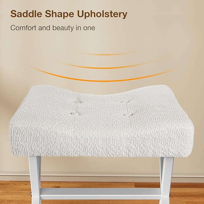 18-Inch Large Vanity Stool Chair, Vanity Bench with Metal X-Legs, Ottoman Foot Stool with Breathable and Soft Boucle Fabric Saddle Seat, White