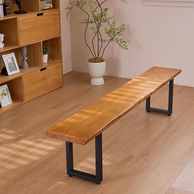 Durable Solid Wood Top Bench with Sturdy Metal Legs – Versatile Dining & Office Seating - Multi-Size Options Ideal for Living Room, Dining Room, and Home Office(Dark yellowbench, 62.99in)
