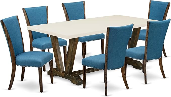 East West Furniture V727VE721-7 7 Piece Dining Room Table Set Consist of a Rectangle Kitchen Table with V-Legs and 6 Blue Color Linen Fabric Parson Dining Chairs, 40x72 Inch, Multi-Color