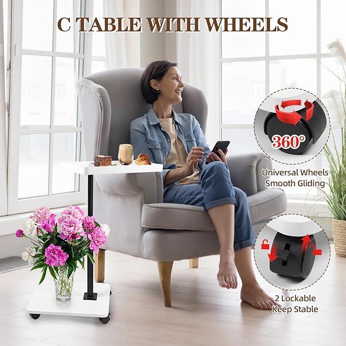 C Table Side Table End Table Adjustable Height，C Shaped End for Couch，Snack Tables,360°Swivel TV Tray Sofa Table， For Small Spaces，Side Tables living room and bedroom for Sofa, Bed,Chair(White)