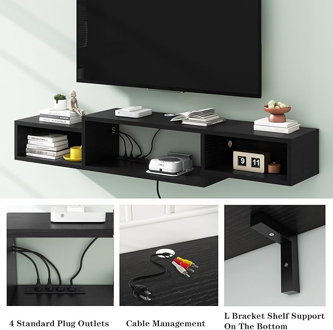 IBUYKE 59" Floating TV Stand Wall Mounted with Power Outlet,Wood Wall Mounted Media Console Shelf,Floating Entertainment Center for Under TV Storage for Living Room Bedroom Office,Black WST007B