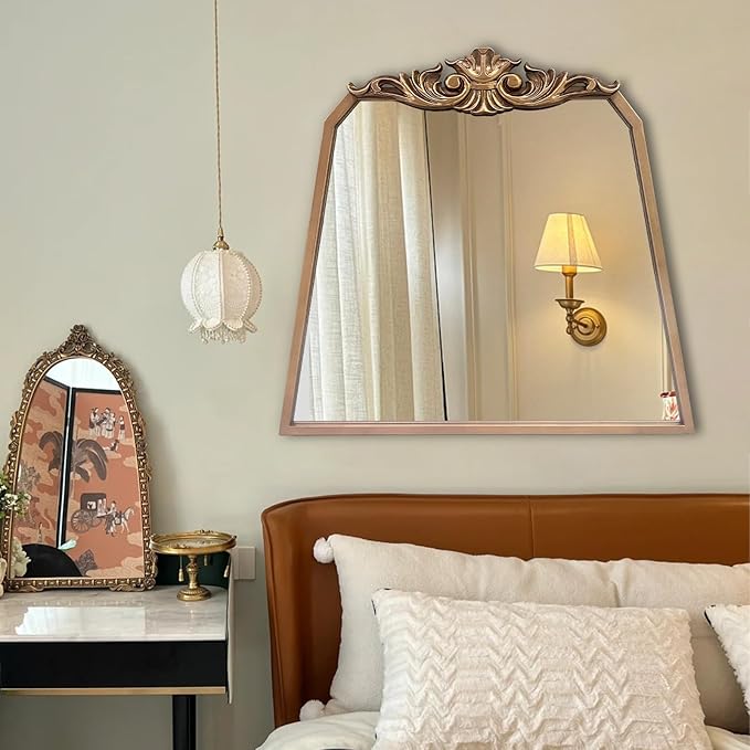 POZINO Gold Arch Mirror, 30"x35" Antique Mirror with Ornate Crown Molding, Vintage Decorative Mirrors for Bathroom Bedroom Entryway Fireplace Living Room