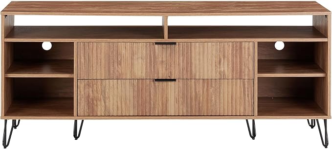 Manhattan Comfort Dumbo Mid Century Modern TV Stand for Televisions up to 60 Inches, Home Entertainment Center with Storage, 6 Shelves, 2 Drawers, No Tool Assembly, 63" Wide, Golden Brown