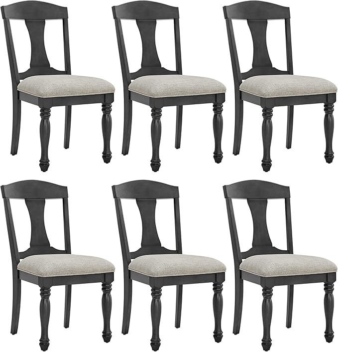KEIKI Retro 7-Piece Wooden Dining Table Set for 6 Person, Vintage Style Table Set with Extendable Curved MDF Wood Grain Table and 6 Upholstered Chair, Easy Assembly, for Kitchen, Dining Room, Dark Oak