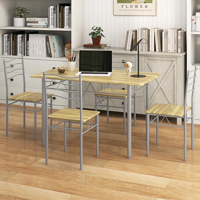 5 Piece Dining Table Set for 4 Chairs Modern Wood Metal Kitchen Breakfast Furniture (Shallow Walnut)
