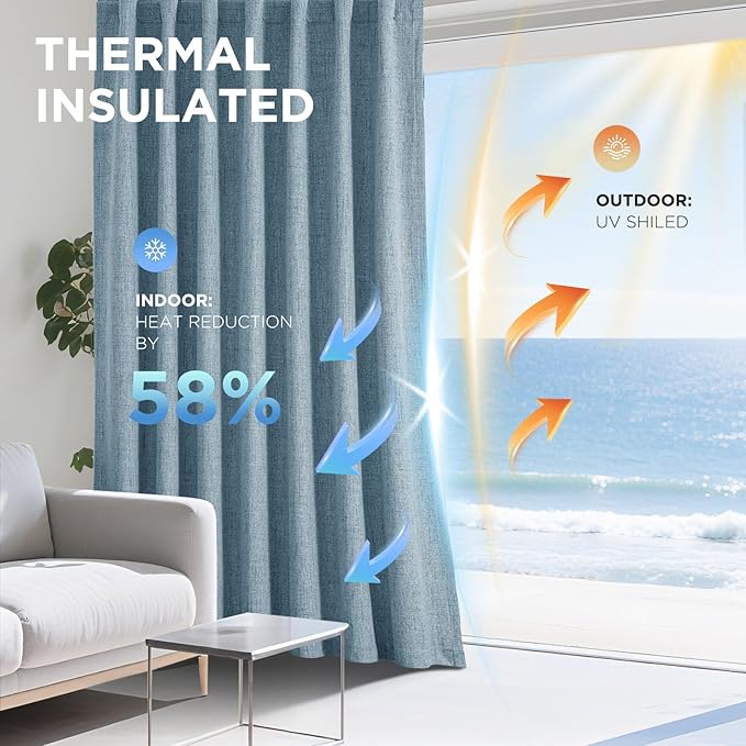 Joydeco 100% Blackout Curtains for Bedroom - Natural Linen Curtains 90" L Long, Thermal Insulated 2 Panels Sky Blue Light Blocking Drapes, Rod Pocket & Back Tabs, Darkening Privacy for Living Room
