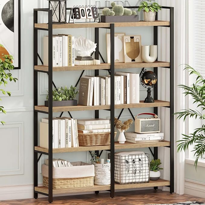 FATORRI Bookshelf, 5 Tier Industrial, Tall Etagere Bookcase, Rustic Wood and Metal Book Shelf with Large Open Shelving Unit for Home Office Living Room (Rustic Oak, 51 Inch Wide)