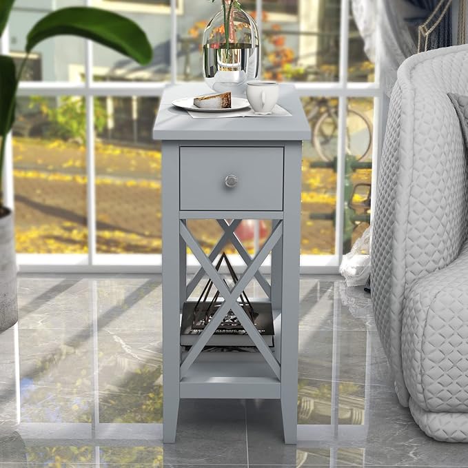 ChooChoo End Table, MDF Material Flip Top Narrow End Table with Drawer, Accent Small Side Table Nightstand for Living Room, Bedroom, and Small Spaces - Gray