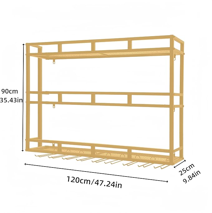 47 Inch Metal Wine Rack Wall Mounted, Bar Shelves for Liquor Bottles with LED Light, 3 Tier Large Capacity Liquor Rack Wall Mounted with Glass Holder for Home Bar & Dining Room, Gold
