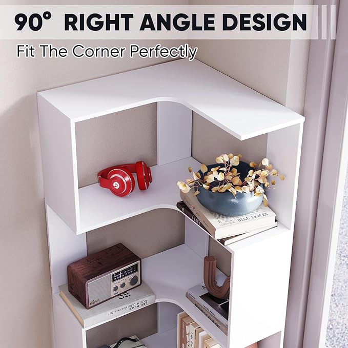 Corner Bookshelf, 68.9" Tall Wooden Corner Bookcase 5 Tiers L-Shaped Storage Freestanding Display Rack Large Open Bookshelf with Fixture for Living Room Bedroom Study Office (White)