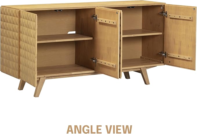 NTC Sapa Mid-Century Modern Solid Wood Sideboard – 4-Door Accent Buffet Cabinet with Carved Geometric Fronts, for Living Room, Dining Room, or Entryway, Effortless Assembly, Sand