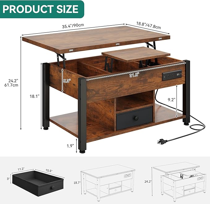 YITAHOME 4-in-1 Lift Top Coffee Table with RGB Light & Dual Tops, Multi-Function Table with Power Outlets, Storage, Converts to Dining Table Computer Desk Gaming Hub, Living Room, Home Office, Brown